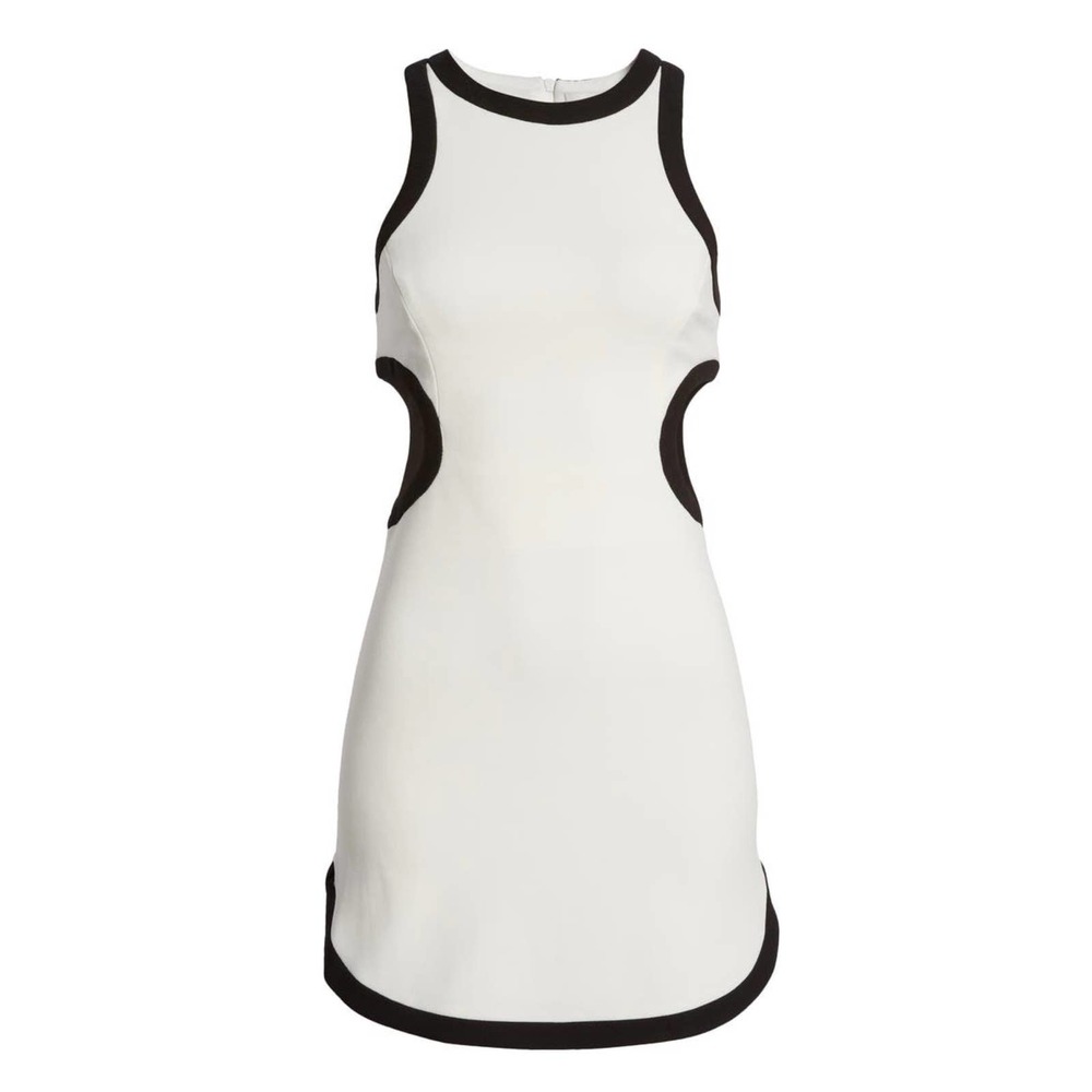 NEW MISHA Lotus Two-Tone Bonded Crepe Mini Dress in White Black Size 6 - Picture 2 of 8